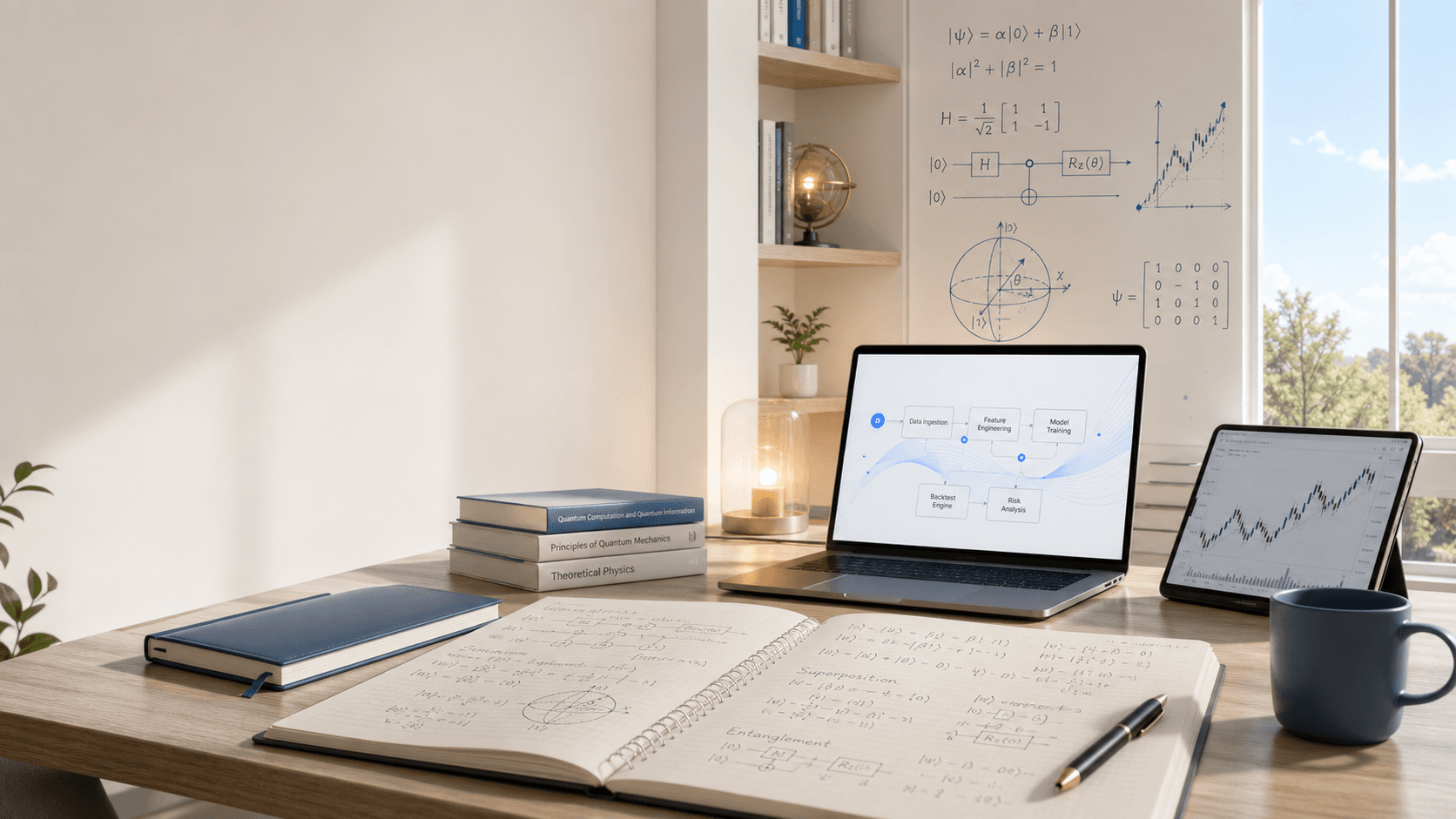 Bright personal research studio with notes, screens, AI workflows, quantum grid hints, and trading research references.